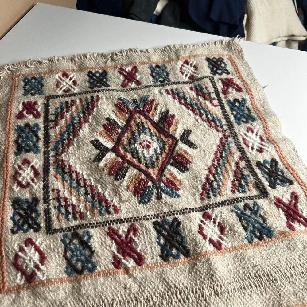 Vintage Hand Woven Tribal Textile Runner Geometric Southwestern Embroidery 36x16